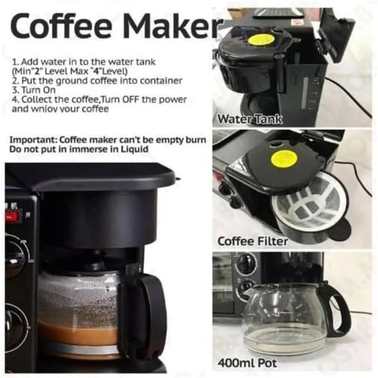 3 in 1 Breakfast Maker with Glass Lid Versatile Toasters with Frying Pan Mini Oven Includes Coffee Maker for Sandwich Kitchen
