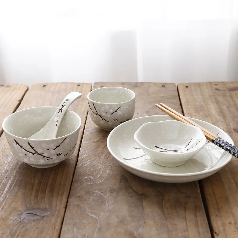 6-Piece Set Japanese Rice Bowl Dishes, Chopsticks, Spoon Ceramic Tableware Household Single Food