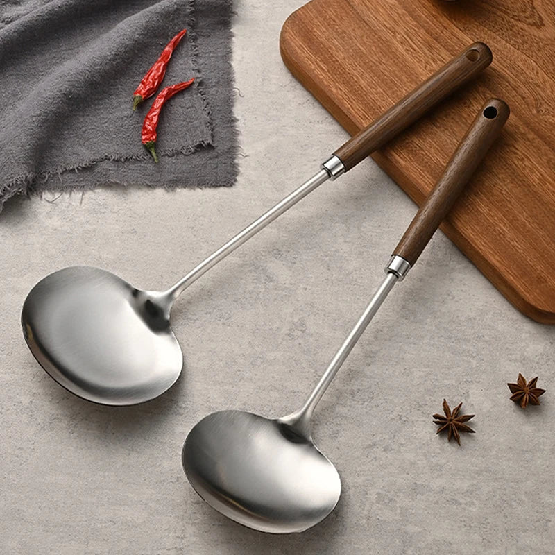Long Handle Mushroom Shovel Kitchen Cooking Utensils Stainless Steel Wok Spatula Chef-specific Cooking Spoon Wooden