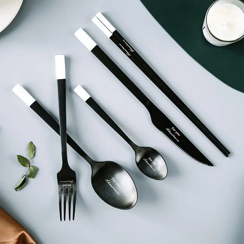 Stainless Steel Cutlery Set, Dinnerware Set, Knife, Fork, Spoon, Chopsticks, Coffee Spoon, Elegant Black White Tableware