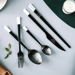 Stainless Steel Cutlery Set, Dinnerware Set, Knife, Fork, Spoon, Chopsticks, Coffee Spoon, Elegant Black White Tableware