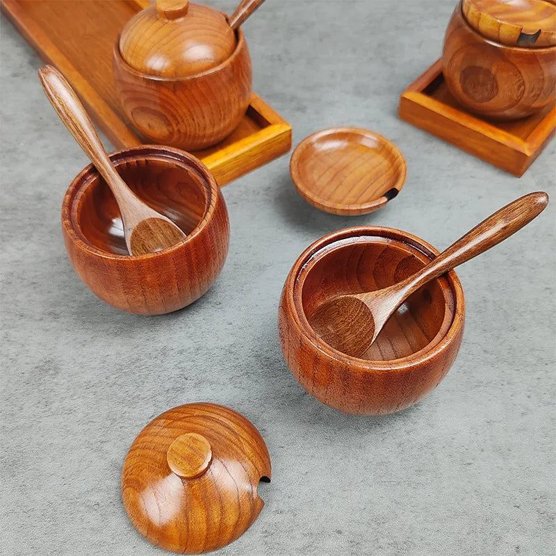 Wooden Seasoning Jar Creative Kitchen Retro Salt Sugar Pot Seasoning Storage Jar With Lid