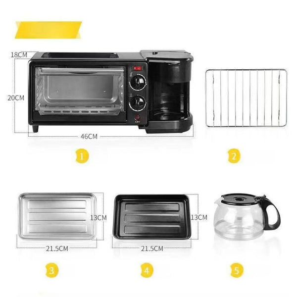 3 in 1 Breakfast Maker with Glass Lid Versatile Toasters with Frying Pan Mini Oven Includes Coffee Maker for Sandwich Kitchen