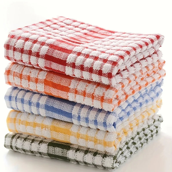 5pcs Absorbent Plaid Dish Towels - Reusable Kitchen Cleaning Cloths in Assorted Colors (Red, Blue, Orange, Yellow, Green)