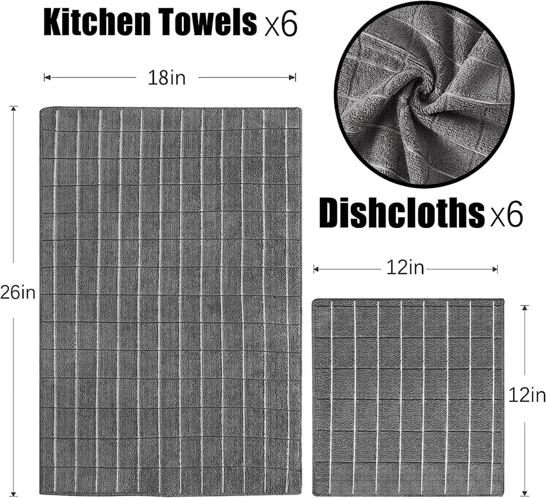 12pcs Microfiber Kitchen Towels and Dishcloths Set, 26 X 18 Inch and 12 X 12 Inch, Bulk Lint Free Dish Towels for Drying Dishes