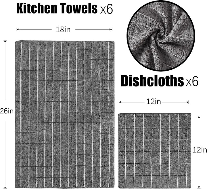 12pcs Microfiber Kitchen Towels and Dishcloths Set, 26 X 18 Inch and 12 X 12 Inch, Bulk Lint Free Dish Towels for Drying Dishes