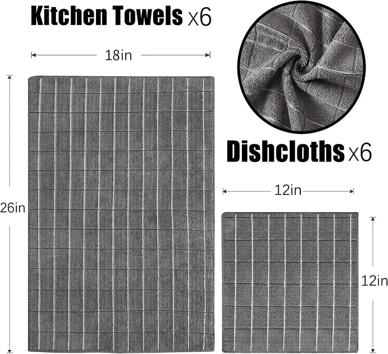 12pcs Microfiber Kitchen Towels and Dishcloths Set, 26 X 18 Inch and 12 X 12 Inch, Bulk Lint Free Dish Towels for Drying Dishes