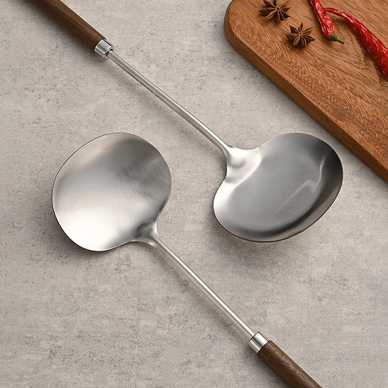 Long Handle Mushroom Shovel Kitchen Cooking Utensils Stainless Steel Wok Spatula Chef-specific Cooking Spoon Wooden