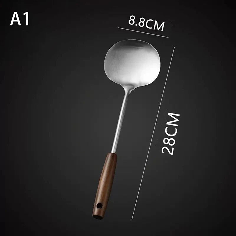Long Handle Mushroom Shovel Kitchen Cooking Utensils Stainless Steel Wok Spatula Chef-specific Cooking Spoon Wooden