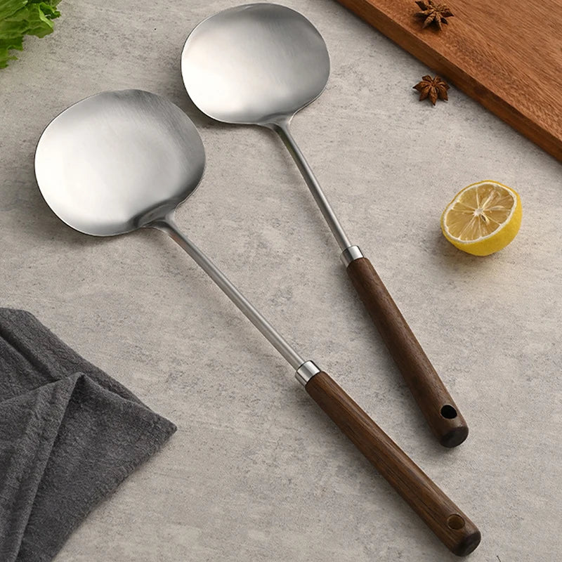 Long Handle Mushroom Shovel Kitchen Cooking Utensils Stainless Steel Wok Spatula Chef-specific Cooking Spoon Wooden