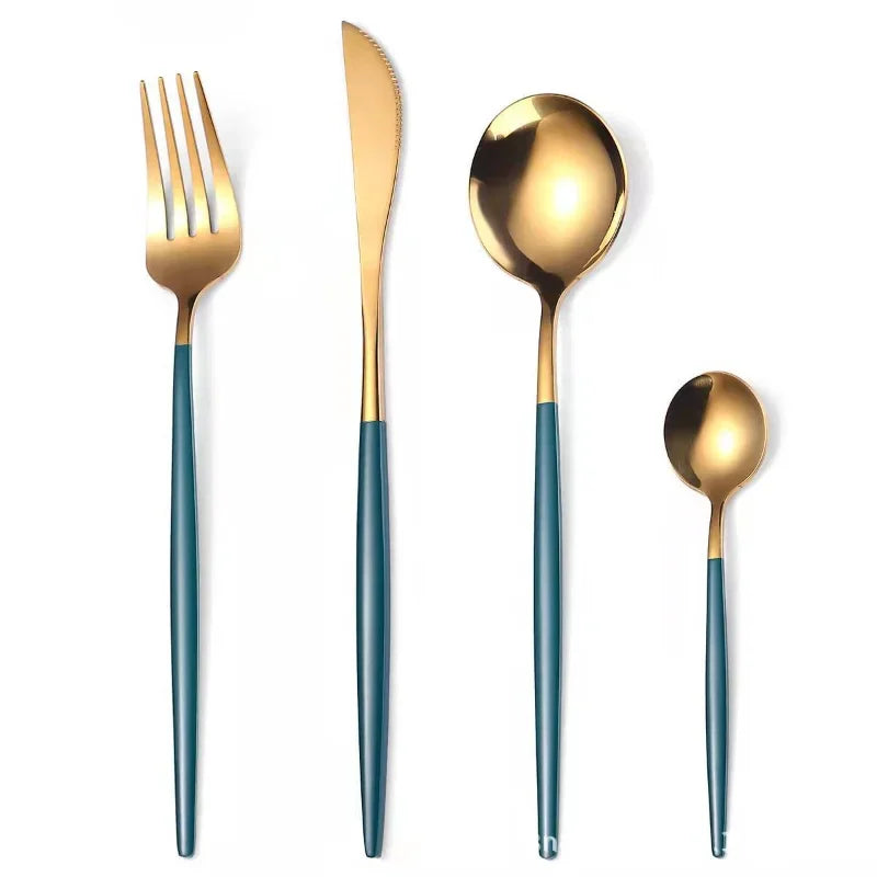 Stainless Steel Cutlery Set, 4pcs Fork, Spoon, Knife, Chopsticks, Dinnerware, Tea Spoon, Flatware Set, Silverware, Black Gold