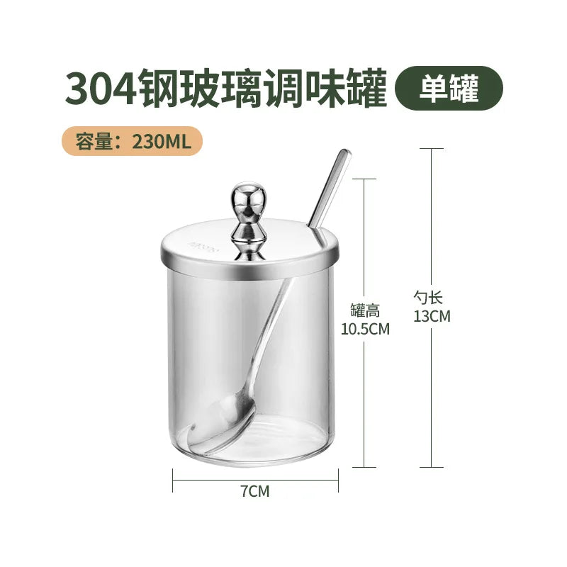 304 Stainless Steel Seasoning Jar Set Transparent Glass Pepper Salt Jar Seasoning Spice Seasoning Kitchen Food Storage Container