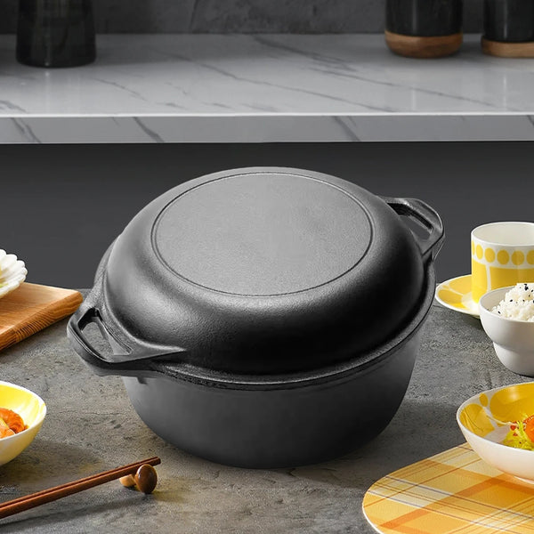 2 in 1 Cast Iron Dutch Oven with Skillet Lid Skillet Cookware Pan Set with Dual Handles for Bread Frying Baking