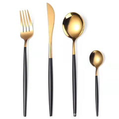Stainless Steel Cutlery Set, 4pcs Fork, Spoon, Knife, Chopsticks, Dinnerware, Tea Spoon, Flatware Set, Silverware, Black Gold