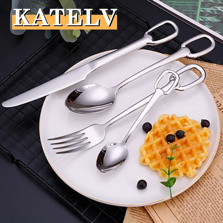 4Pcs Luxury Cutlery Set Stainless Steel Knife Fork Spoon Tableware European Dinnerware Creativity Hangable Design Support Logo