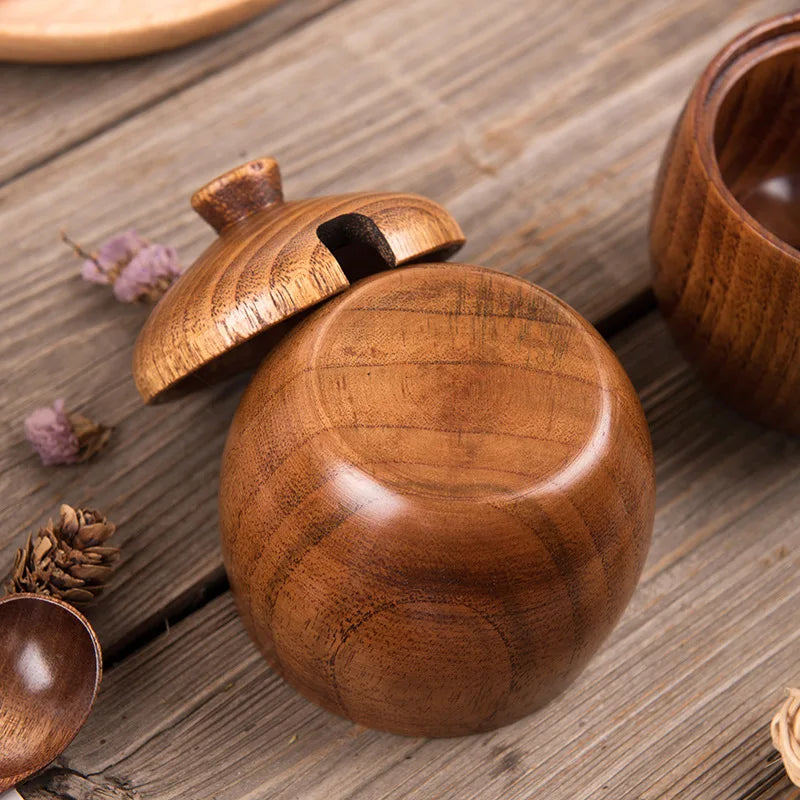 Wooden Seasoning Jar Creative Kitchen Retro Salt Sugar Pot Seasoning Storage Jar With Lid