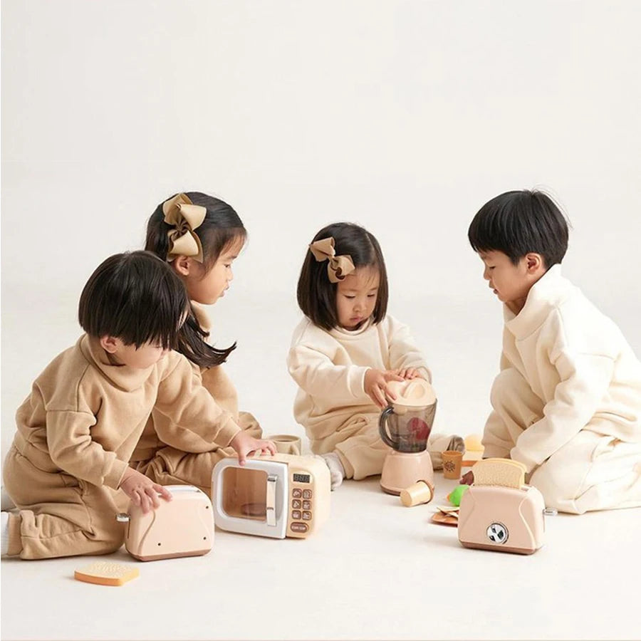 Kids Pretend Play Kitchen Appliances Set with Microwave Oven, Coffee Maker, Blender, Toaster & Washing Machine Educational Toy