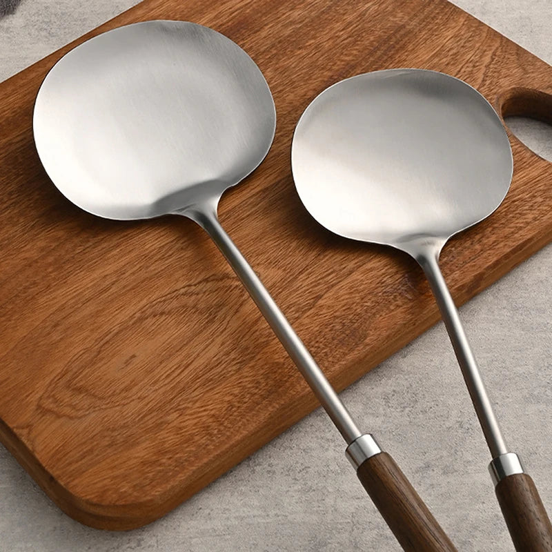 Long Handle Mushroom Shovel Kitchen Cooking Utensils Stainless Steel Wok Spatula Chef-specific Cooking Spoon Wooden