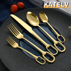 4Pcs Luxury Cutlery Set Stainless Steel Knife Fork Spoon Tableware European Dinnerware Creativity Hangable Design Support Logo