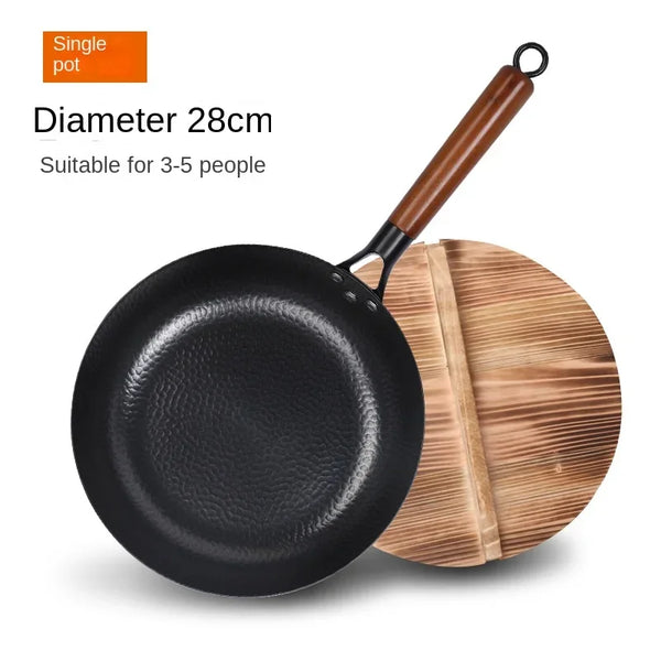 30cm Frying Pan Cast Iron Pan Uncoated Kitchen Cookware with Anti-scald Wooden Handle for Gas Stove Induction Cooker