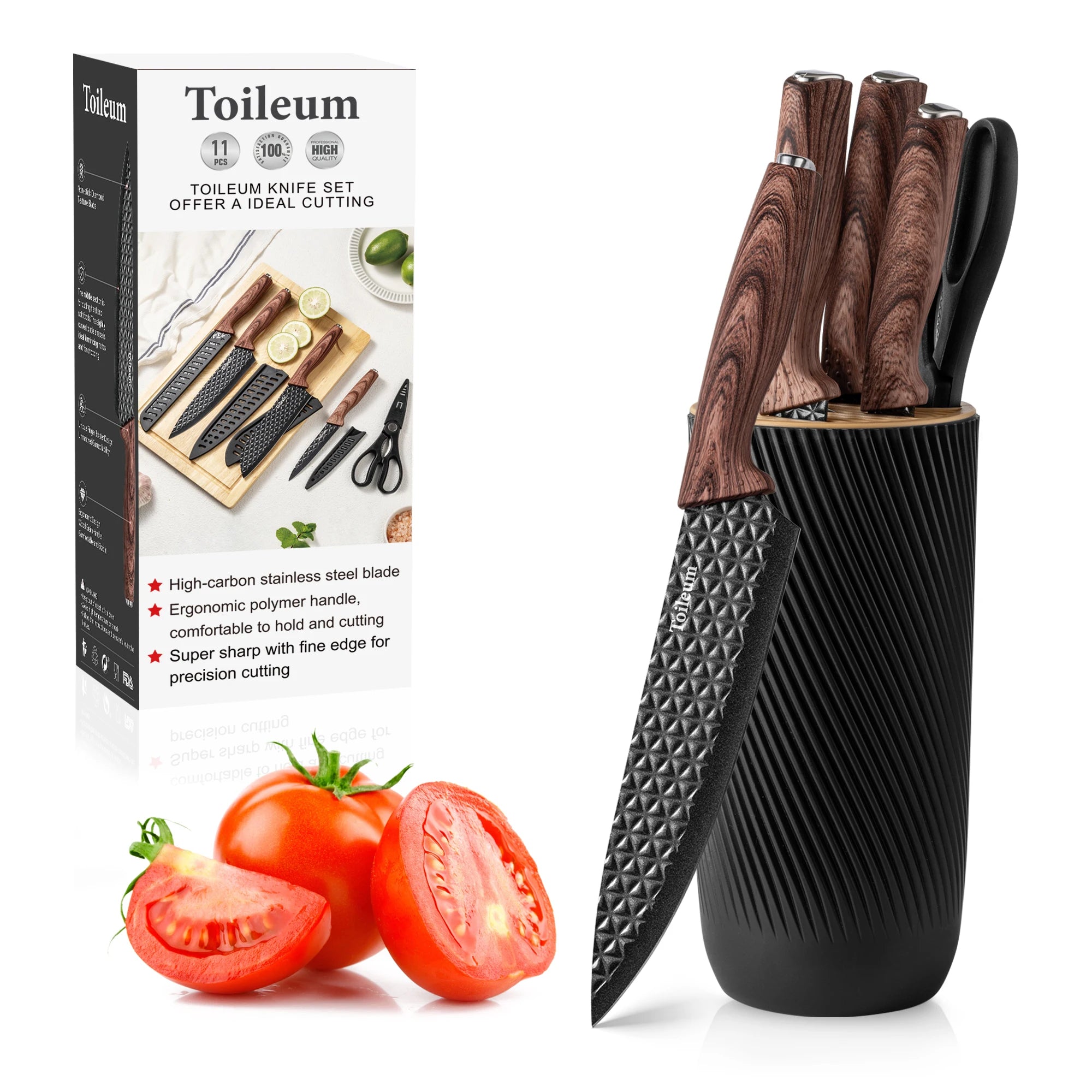 6PCS Kitchen Knife Set with Block Cover, Ultra Sharp High Carbon Stainless Steel Blade, Non Stick & Ergonomic Handle