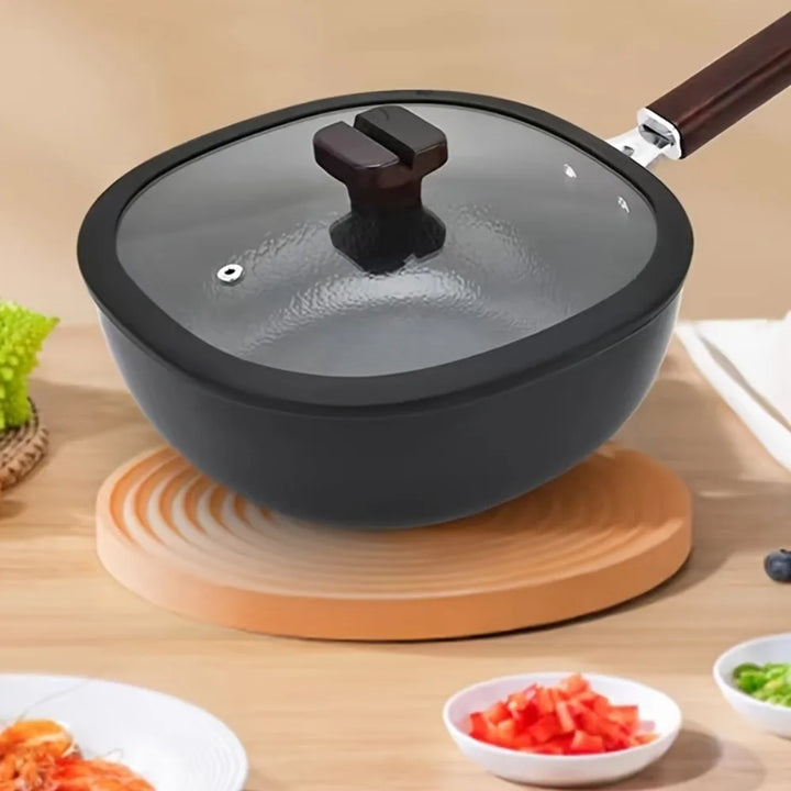 Cookware Refined Iron Square Frying Pan No Coating Flat Bottomed Stir Fry Pot Mini Wood Handle Nonstick Pan Induction Cooker