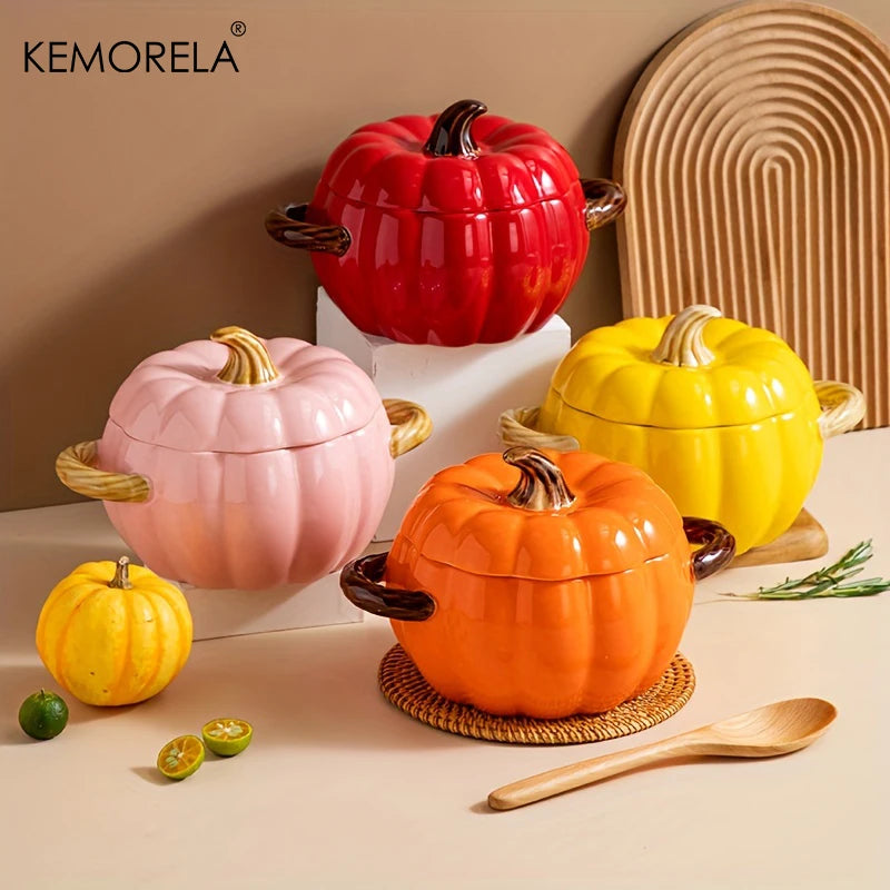 50OZ Dutch Oven Pot With Lid Ceramic Pumpkin Dish Halloween Pumpkin Pottery Dessert Saucepan No Open Flames Cute Pumpkin Bowl