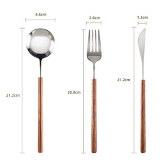 3-Piece Flatware Set with Wooden Handle, 304 Stainless Steel Cutlery Set, Mirror Polished Knife Fork Spoon