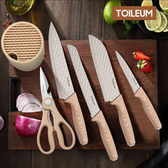 6PCS Kitchen Knife Set with Block Cover, Ultra Sharp High Carbon Stainless Steel Blade, Non Stick & Ergonomic Handle