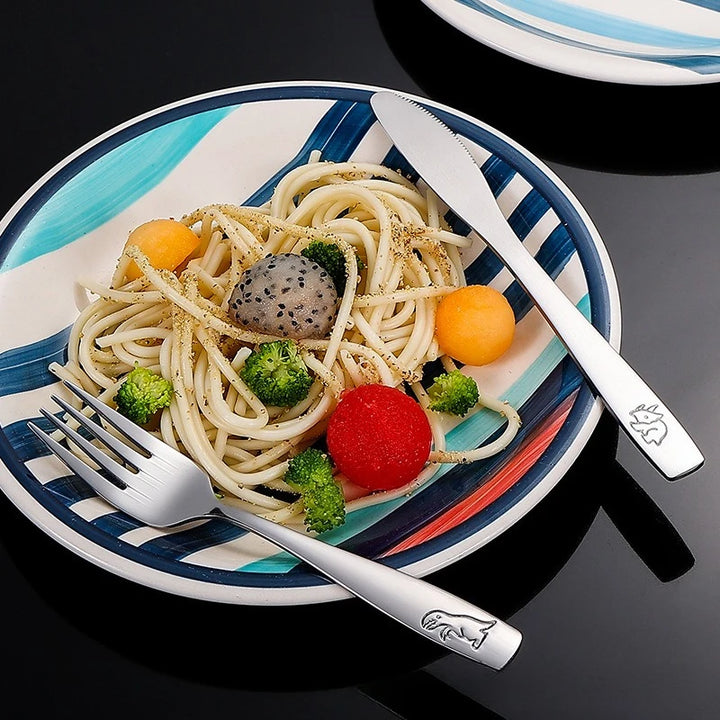 304 Stainless Steel Children's Tableware Set with Pieces Featuring Dinosaur Patterns, Affordable Including Knives Forks Spoons