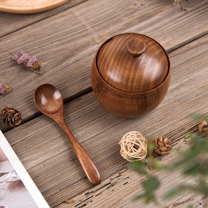 Wooden Seasoning Jar Creative Kitchen Retro Salt Sugar Pot Seasoning Storage Jar With Lid