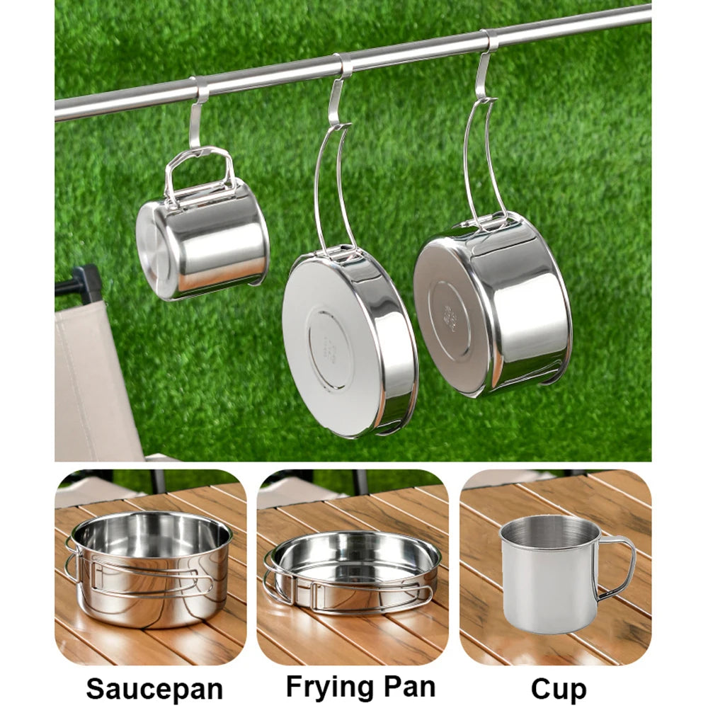 Stainless Steel 8Pcs Cookware Set for Camping Camping Pot and Pan Set with Cups Outdoor 2-3 Person Tableware for Hiking Picnic