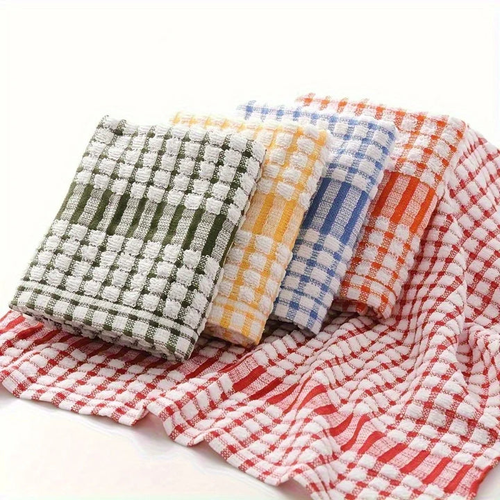5pcs Absorbent Plaid Dish Towels - Reusable Kitchen Cleaning Cloths in Assorted Colors (Red, Blue, Orange, Yellow, Green)