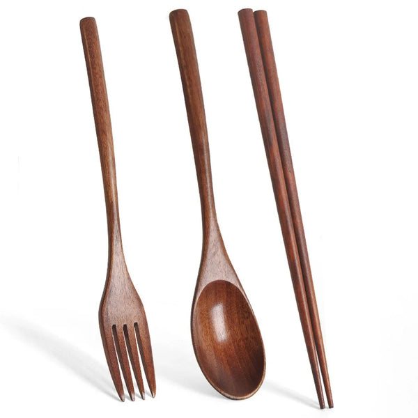 3 Pieces Tableware Natural Wood Dinnerware Spoon Chopsticks Fork Dinner Portable Tableware Grain Household Kitchen Cutlery Set