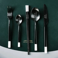 Stainless Steel Cutlery Set, Dinnerware Set, Knife, Fork, Spoon, Chopsticks, Coffee Spoon, Elegant Black White Tableware