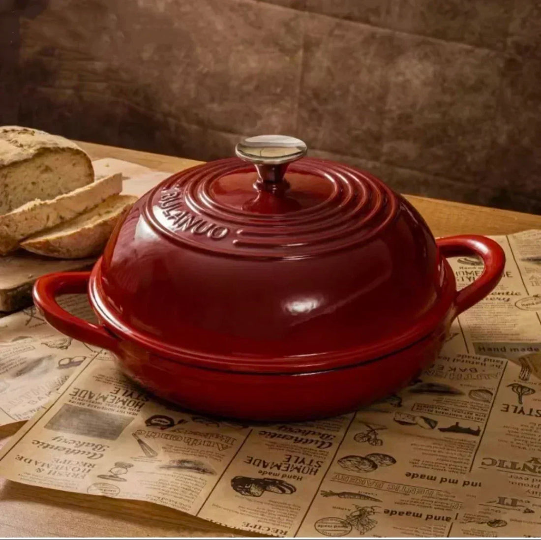 11 Inch Red Enameled Cast Iron Bread Pan with Lid Dutch Oven for Sourdough Baking - Oven Safe Kitchen Baking Dish