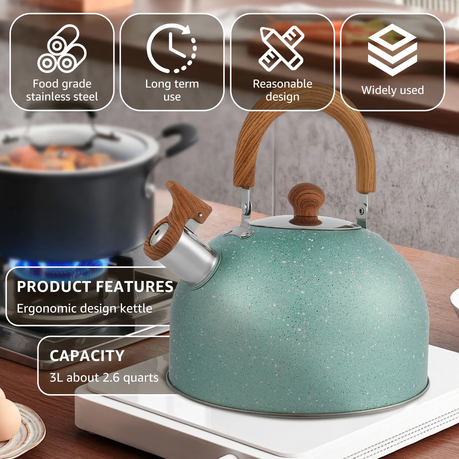 2.6QT Tea Kettle Stainless Steel Whistling Tea Kettle Flat-bottomed Boiling Water Kettles Stovetop Water Boiler for Home Kitchen