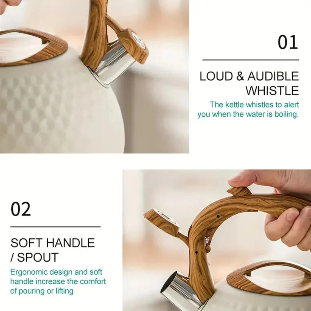 3L Tea Kettle with Wood Pattern Anti Hot Handle Loud Whistle Stainless Steel Kettle Heat Resistant for Boiling Water Coffee Milk