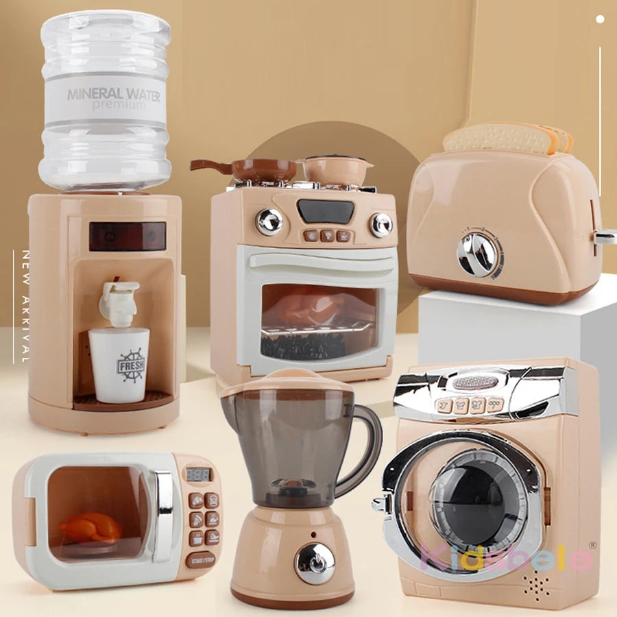 Kids Pretend Play Kitchen Appliances Set with Microwave Oven, Coffee Maker, Blender, Toaster & Washing Machine Educational Toy