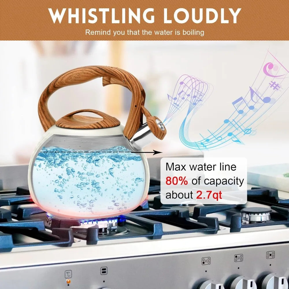 3L Tea Kettle with Wood Pattern Anti Hot Handle Loud Whistle Stainless Steel Kettle Heat Resistant for Boiling Water Coffee Milk