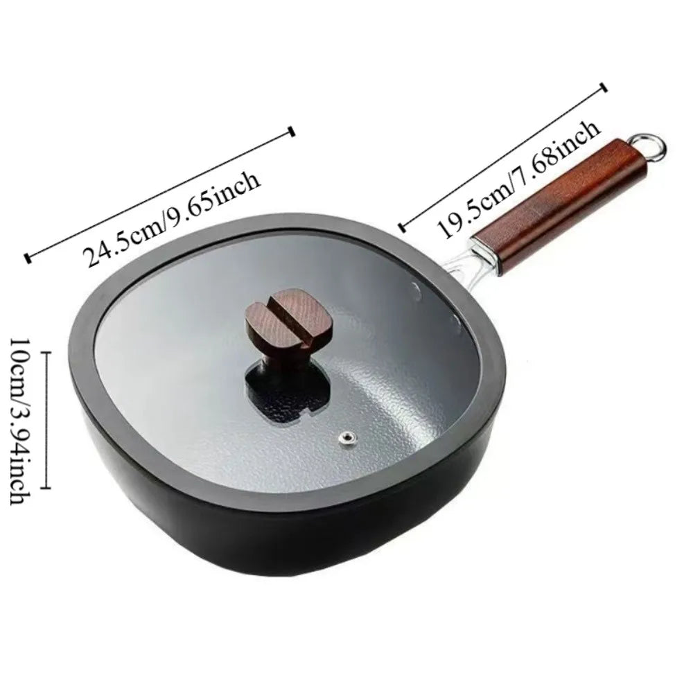 Cookware Refined Iron Square Frying Pan No Coating Flat Bottomed Stir Fry Pot Mini Wood Handle Nonstick Pan Induction Cooker