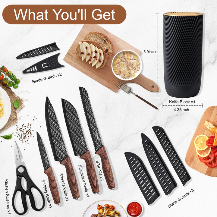 6PCS Kitchen Knife Set with Block Cover, Ultra Sharp High Carbon Stainless Steel Blade, Non Stick & Ergonomic Handle