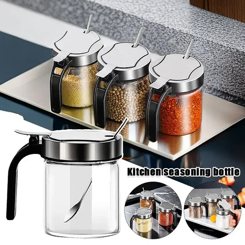 300ml Glass Seasoning Jar Stainless Steel Lid With Spoon Condiment Bottle Salt Shaker Kitchen Supplies Storage Set Spice Boxes Y