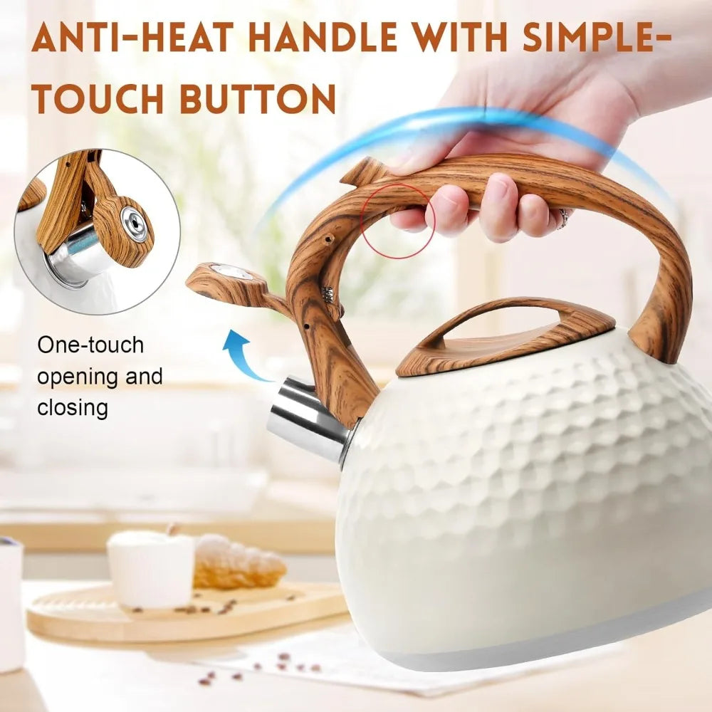 3L Tea Kettle with Wood Pattern Anti Hot Handle Loud Whistle Stainless Steel Kettle Heat Resistant for Boiling Water Coffee Milk