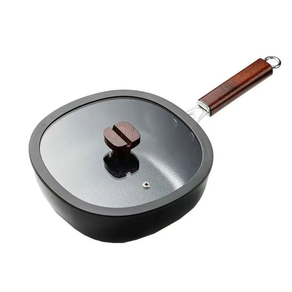 Cookware Refined Iron Square Frying Pan No Coating Flat Bottomed Stir Fry Pot Mini Wood Handle Nonstick Pan Induction Cooker