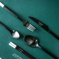 Stainless Steel Cutlery Set, Dinnerware Set, Knife, Fork, Spoon, Chopsticks, Coffee Spoon, Elegant Black White Tableware