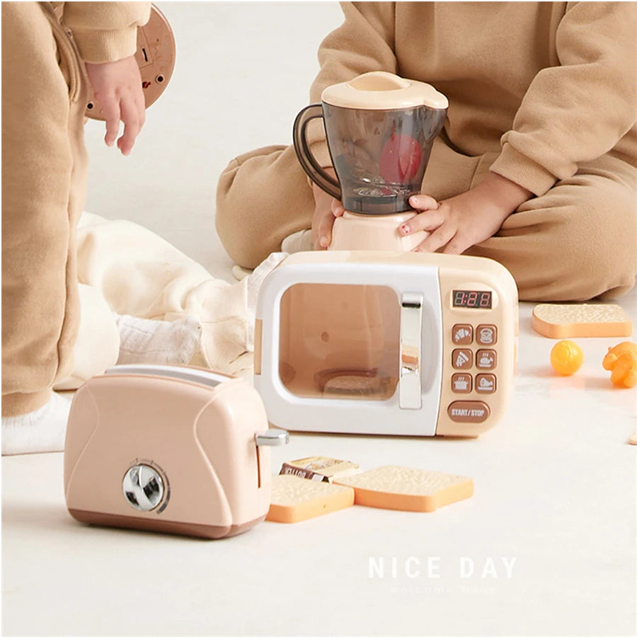 Kids Pretend Play Kitchen Appliances Set with Microwave Oven, Coffee Maker, Blender, Toaster & Washing Machine Educational Toy