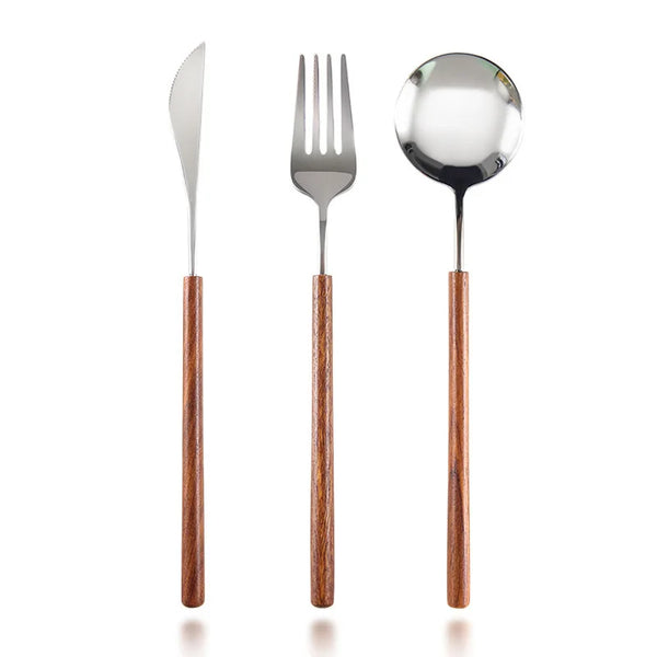 3-Piece Flatware Set with Wooden Handle, 304 Stainless Steel Cutlery Set, Mirror Polished Knife Fork Spoon