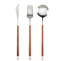 3-Piece Flatware Set with Wooden Handle, 304 Stainless Steel Cutlery Set, Mirror Polished Knife Fork Spoon
