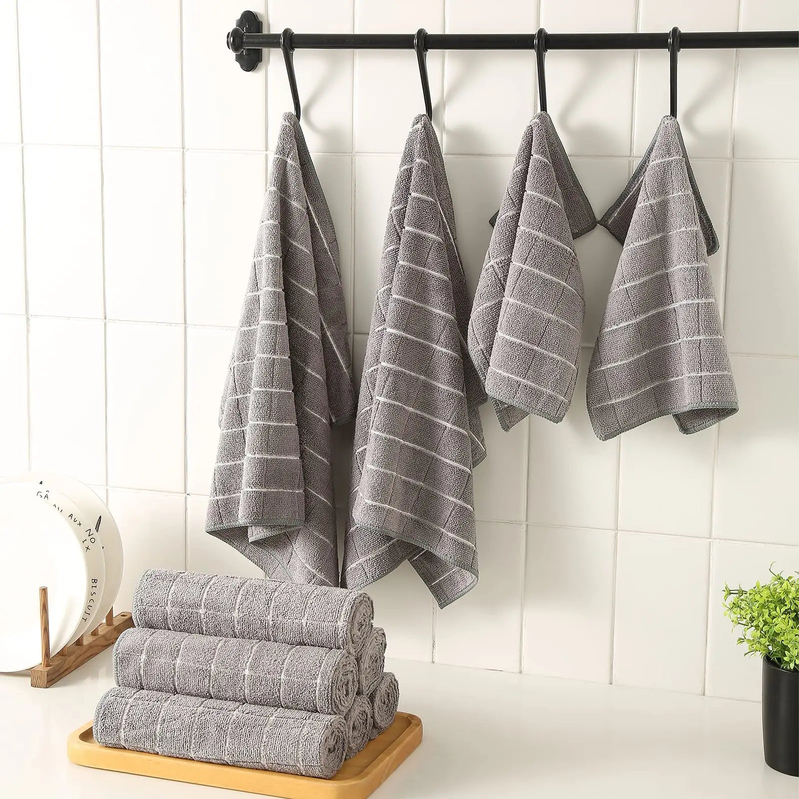 12pcs Microfiber Kitchen Towels and Dishcloths Set, 26 X 18 Inch and 12 X 12 Inch, Bulk Lint Free Dish Towels for Drying Dishes